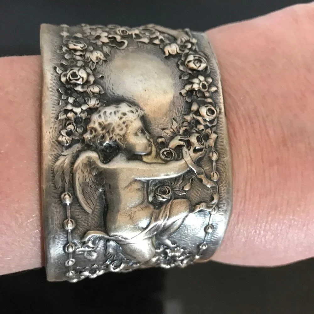 Cherubs Art Nouveau Sterling Silver Cuff Bracelet 925 Antique Cherub Gorham - Picture 3 of 5